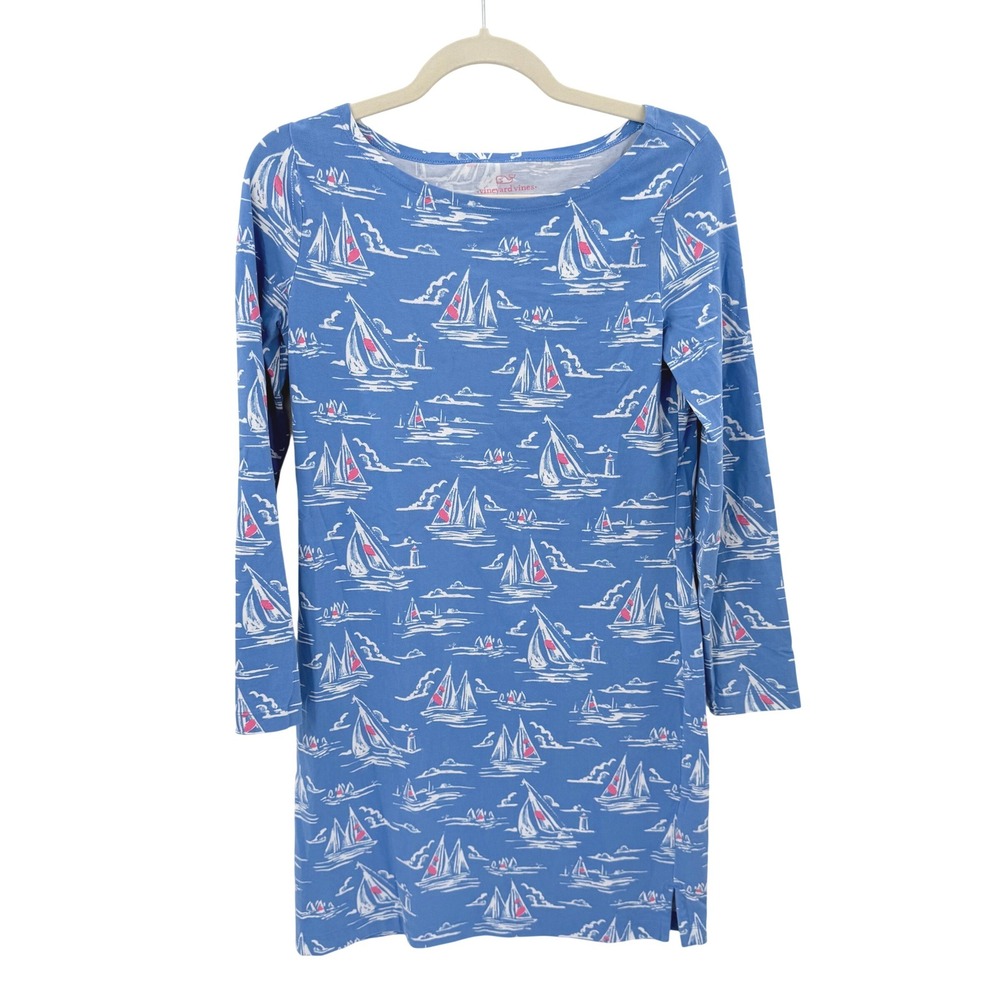 Vineyard Vines Blue Sailboat Nautical Long Sleeve T-Shirt Dress Size S Small